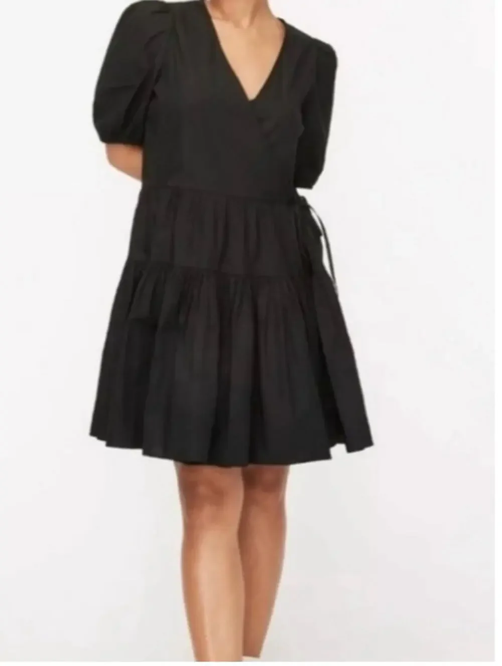 J Crew 2 pc  Black Wrap Dress & Slip Short Puff Sleeves Tiers Size Large NEW